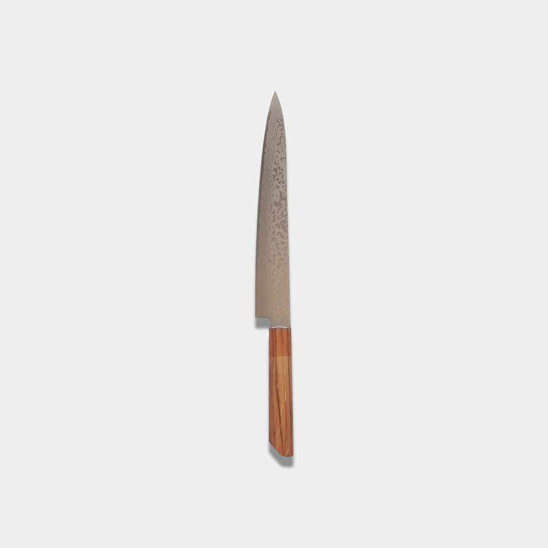 [Kitchen (Chef) Knife] สแตนเลสคาร์บอนสูง intercutting Damascus ขัดเงาแบบ 240 มม. Oak-Octagonal-Cotagonal-Kakishibu Finish- | Sakai Forged Blades | Yamawaki Cutlery