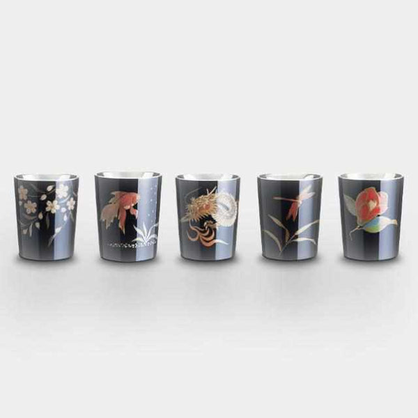 [Sake Cup] Wajima จบ Sanbeiji Cup 3 ถ้วย 1 Go Black 5 ชิ้น (Cherry Blossom, Camellia, Goldfish, Dragonfly, Dragon) | Osaka Naniwa Pewter Ware
