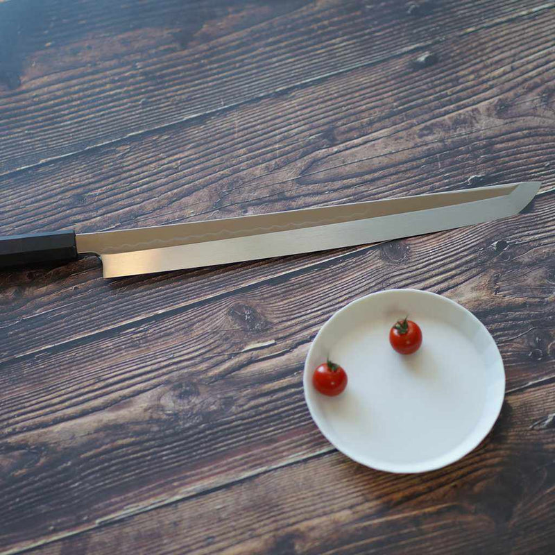 [Kitchen (Chef) มีด] ไป Uma Mitsuhiro Yoshihiro Shiraji เหล็กย่าง Honyaki ปลาย Maru Octopus มีด 330 มม. กระจกพื้นผิวที่ลอยอยู่ในรูปแบบของไม้มะเกลือ Sakai Forged Blades | Yamawaki Cutlery
