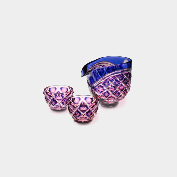 [ขวดสาเก] ชุด Katakuchi และ Mini-Ochoko 2 ชิ้น (Mini-Ochoko 2 ชิ้น (Gold Red-Lapis Lazuli) ในกล่อง Paulownia | Satuma Vidro | Satsuma Cut Glass