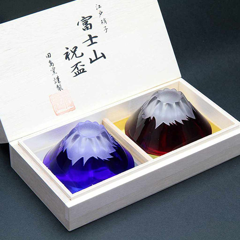 【江戶硝子】木本硝子 藍紅富士雕刻杯 (一對) 木箱裝