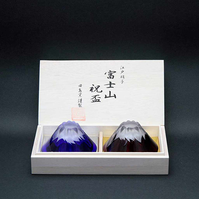[แก้ว] แก้วจารึกสีน้ำเงินฟูจิฉลองถ้วย (คู่) ในกล่องไม้ | แก้วเอโดะ
