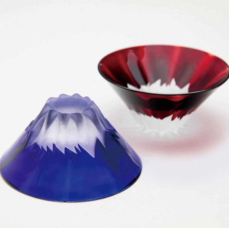 【江戶硝子】木本硝子 藍紅富士雕刻杯 (一對) 木箱裝