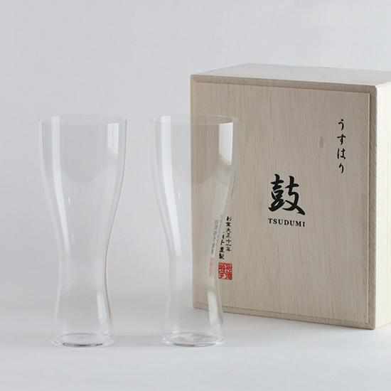 [แก้ว] กลองบาง ๆ Tsudumi 2 ชิ้นตั้งอยู่ในกล่องไม้ | แก้วเอโดะ