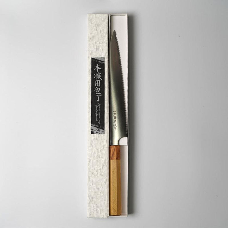 [Kitchen (Chef) มีด] มีดเหล็กโมลิบดีนัม Aomori Hiba Octagonal Olive Wood Board 240 | ใบมีดปลอม