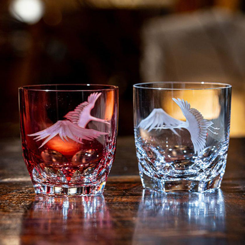[ROCKS GLASS] WHISKEY GLASSES CRANE AND FUJI RED | GRAVURE SCULPTURE | KAGAMI CRYSTAL