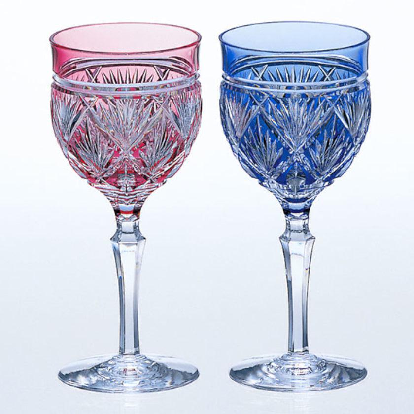 [GLASS] PAIR OF WINE GLASSES BAMBOO LEAVES EDO KIRIKO KAGAMI CRYST