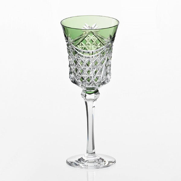 [แก้ว] ผ้าม่านแก้วไวน์และตะกร้า tetragonal (สีเขียว) | Edo Kiriko | คากามิคริสตัล