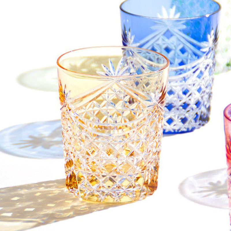[Rocks Glass] Drape แก้ววิสกี้และตะกร้า Tetragonal สาน (สีเหลือง) | Edo Kiriko | คากามิคริสตัล