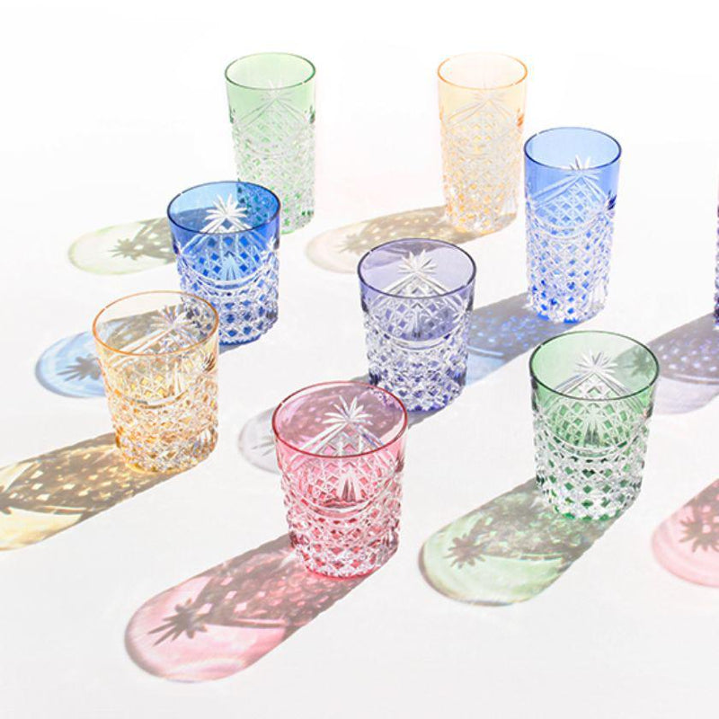[Rocks Glass] Drape แก้ววิสกี้และตะกร้า Tetragonal สาน (สีเหลือง) | Edo Kiriko | คากามิคริสตัล