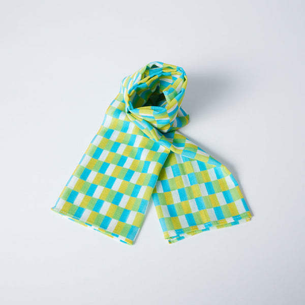 [Stole] Cotton Vertical Checkerboard (Blue-Green-Yellow) | การย้อมสี Kyo Yuzen | Nogiguchi Kihei