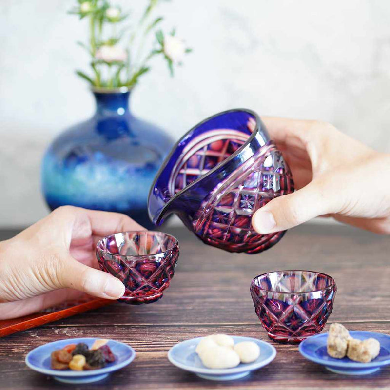 [Sake Cup] Mini Ochoko ที่ปกคลุมสองครั้ง (Gold Red-Lapis Lazuli) ในกล่อง Paulownia | Satuma Vidro | Satsuma Cut Glass