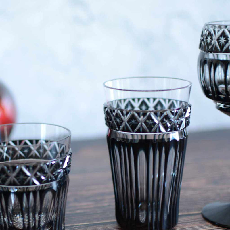 [แก้ว] แก้วสีดำ Kiriko เก่าในกล่อง Paulownia | Satuma Vidro | Satsuma Cut Glass