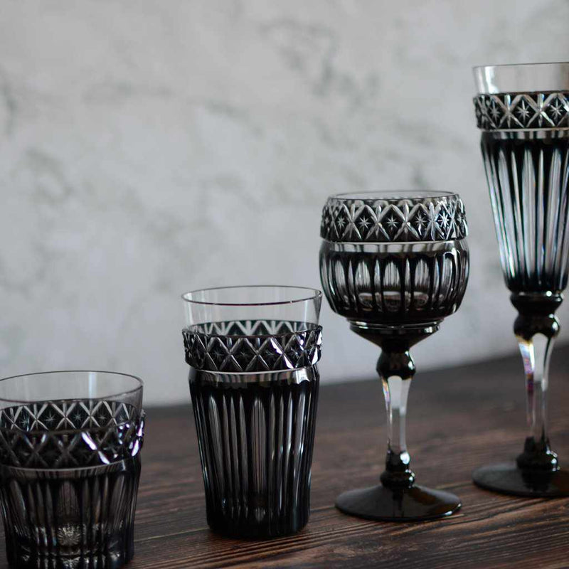 [แก้ว] แก้วสีดำ Kiriko เก่าในกล่อง Paulownia | Satuma Vidro | Satsuma Cut Glass