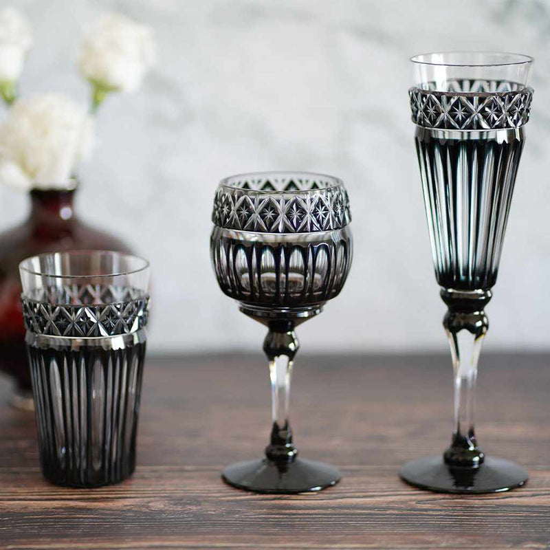 [แก้ว] แก้วแชมเปญสีดำ Kiriko ในกล่อง Paulownia | Satuma Vidro | Satsuma Cut Glass