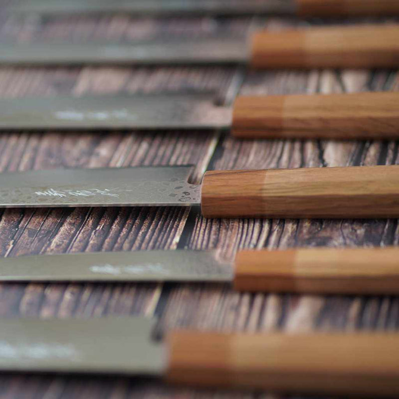 [Kitchen (Chef) Knife] คาร์บอนสแตนเลสสูง intercutting Damascus Petty Knife Petty Knife 150 มม. Oak-Octagonal-Kakishibu Finish- | Sakai Forged Blades | Yamawaki Cutlery