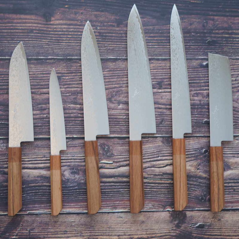 [Kitchen (Chef) Knife] สแตนเลสคาร์บอนสูง intercutting การขัดเงาของดามสและดดาบเนื้อวัว 210 มม. โอ๊ครูปแบบแปดเหลี่ยม- kakishibu เสร็จสิ้น- | Sakai Forged Blades | Yamawaki Cutlery