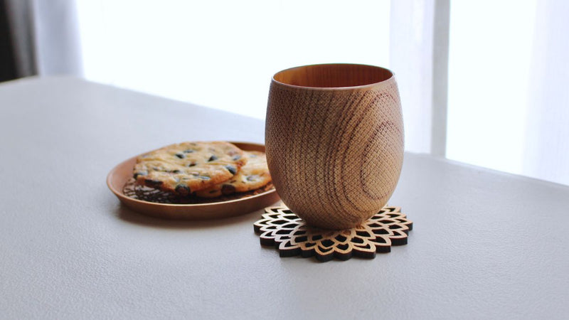 Wooden cup with beautiful wood grain and kyo shibori pattern