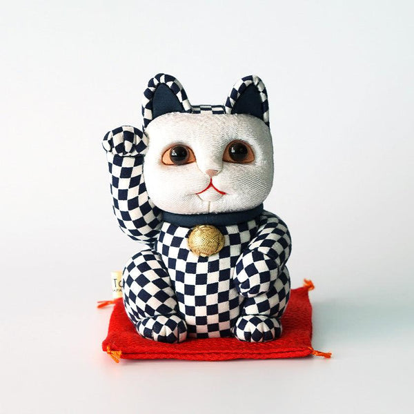 [BECKONING (Lucky) 고양이] Maneki Neko 체크 무늬 Pattern Blue (M) | 에도 아트 인형