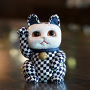[BECKONING (Lucky) 고양이] Maneki Neko 체크 무늬 Pattern Blue (M) | 에도 아트 인형