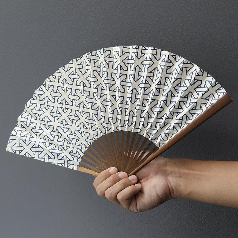 [แฟนมือ] Omochi Bishamon Lattice Blue Karaki Bamboo | Fankindo Fukatsu Hand Fan | เอโดะพับพัดลม