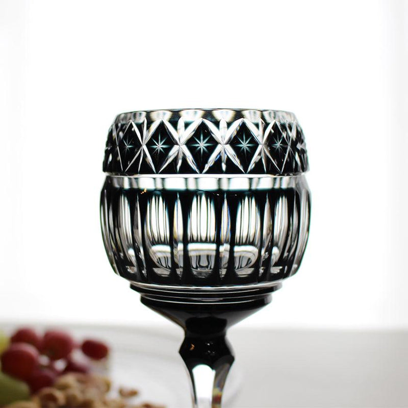 [GLASS] BLACK KUROKO WINE GLASS IN A PAULOWNIA BOX | SATUMA VIDRO | SATSUMA CUT GLASS