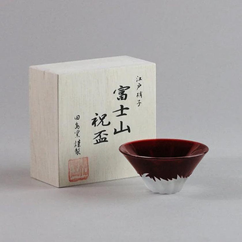 [GLASS] ENGRAVING GLASS RED FUJI CELEBRATION CUP IN A WOODEN BOX | EDO GLASS