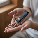 [KEYCHAIN] KEY HOLDER B JAPANESE GOURD (NAVY BLUE BASECOAT WITH WHITE LACQUER) | KOUSHU INDEN (LACQUERED DEERSKIN CRAFTS)| INDEN-YA｜使用イメージ（演出・着用）※手作りのため色・風合いは一点ごとに異なります