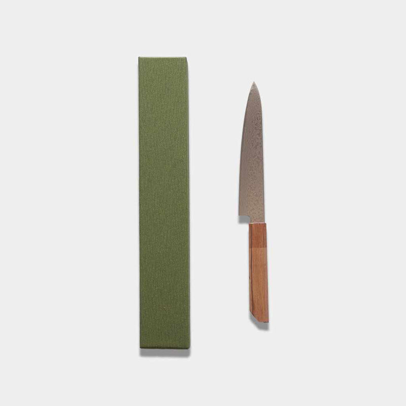[KITCHEN (CHEF) KNIFE] HIGH CARBON STAINLESS STEEL INTERCUTTING POLISHED DAMASCUS PETTY KNIFE 150MM OAK OCTAGONAL PATTERN-KAKISHIBU FINISH- | SAKAI FORGED BLADES|YAMAWAKI CUTLERY