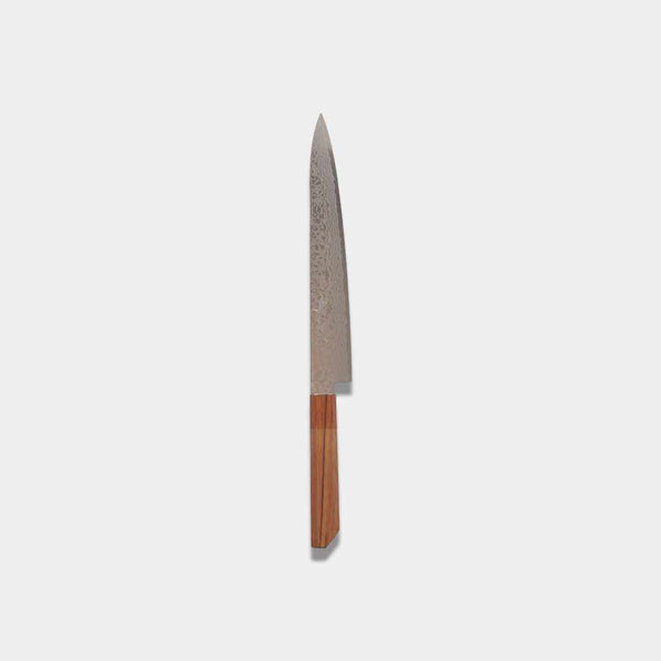 [KITCHEN (CHEF) KNIFE] HIGH CARBON STAINLESS STEEL INTERCUTTING POLISHED DAMASCUS STRIATED 240MM OAK OCTAGONAL PATTERN-KAKISHIBU FINISH- | SAKAI FORGED BLADES|YAMAWAKI CUTLERY