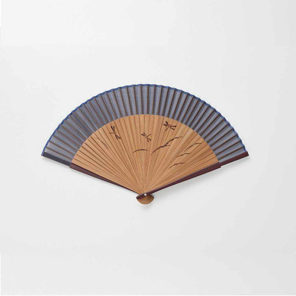 [แฟนมือ] พัดลมผ้าไหม Dragonfly Tea Bone พื้นดินสั้นขนาดใหญ่ | Kyoto Folding Fans | Ohnishi Tsune Shoten