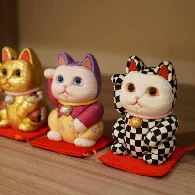 [招手（幸運）貓] Maneki Neko，方格的圖案| edo藝術娃娃