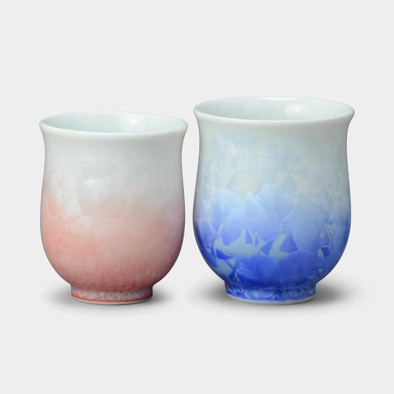 [JAPANESE TEA CUP] FLOWER CRYSTAL (WHITE BACKGROUND BLUE RED) YUNOMI (2-PIECE SET) | TOUAN | KYOTO-KIYOMIZU WARES