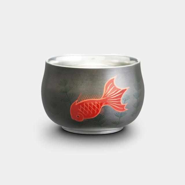 [SAKE CUP] KISHU LIGHT FINISH GUINOMI KOSHIMARU GOLDFISH BLACK | OSAKA NANIWA PEWTER WARE