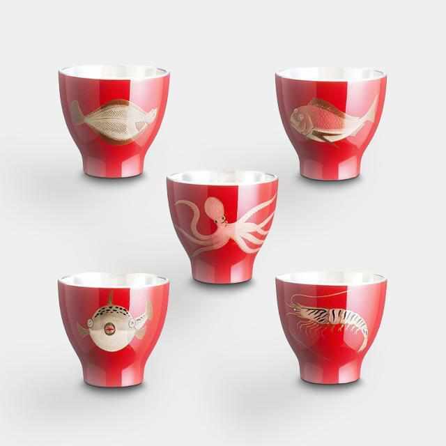 [清酒杯]錫漆Wajima Finish Guinomi海鮮圖（五位顧客集）朱砂|大阪Naniwa白蠟器皿