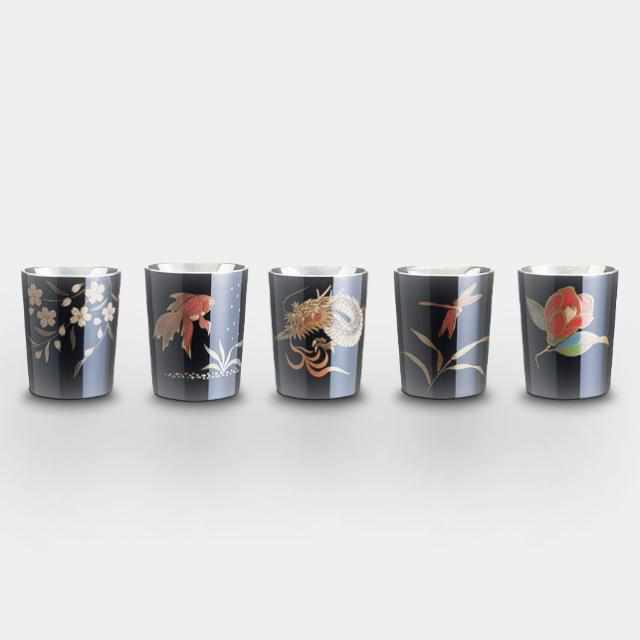 [清酒杯]Wajima Finish Sanbeiji杯3杯1件裝黑色5件套（櫻花、茶花、金魚、蜻蜓、龍）|大阪Naniwa白蠟器皿
