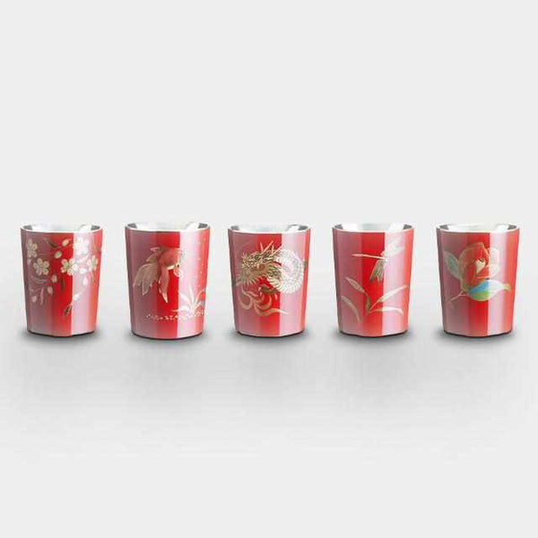 [술 컵] Wajima 마침 Sanbeiji 컵 3 컵 1 Go Vermilion 5 피스 세트 (벚꽃, 동백, 금붕어, 잠자리, 드래곤) | 오사카 나니와 땜 납품