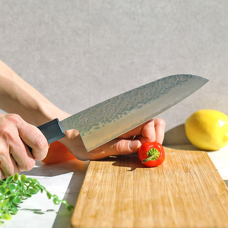 [廚房（廚師）刀] AUS10大馬士革靛藍藍色八角形橡木手柄| Becos原創