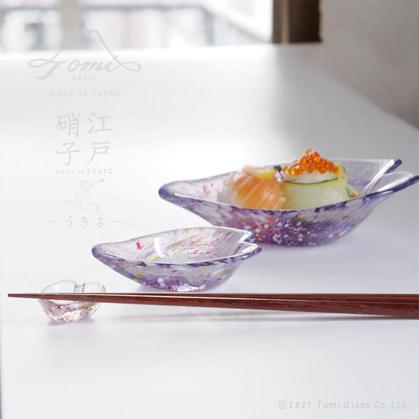 [SMALL DISH (PLATE)] UKIYO HIRARI FUJIMATSURI SET(SMALL BOWL & SMALL PLATE & CHOPSTICK REST) | EDO GLASS | TOMI GLASS