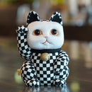 [BECKONING (LUCKING) 고양이] Maneki Neko 체크 무늬 Pattern Black (L) | 에도 아트 인형
