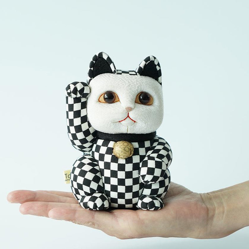 [BECKONING (LUCKING) 고양이] Maneki Neko 체크 무늬 Pattern Black (L) | 에도 아트 인형