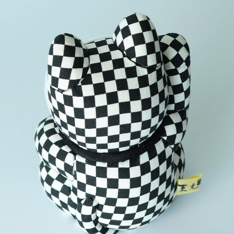 [Beckoning (Lucky) Cat] Maneki Neko Checkered Pattern Black (L) | ตุ๊กตาศิลปะเอโดะ