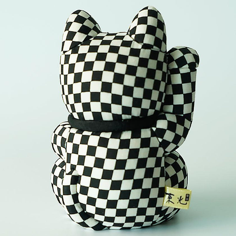[Beckoning (Lucky) Cat] Maneki Neko Checkered Pattern Black (L) | Edo Art Dolls | ตุ๊กตา Kakinuma