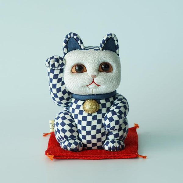 [BECKONING (Lucky) 고양이] Maneki Neko 체크 무늬 Pattern Blue (M) | 에도 아트 인형