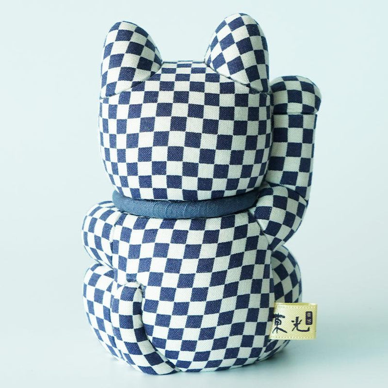 [Beckoning (Lucky) Cat] Maneki Neko Checkered Pattern Blue (M) | ตุ๊กตาศิลปะเอโดะ