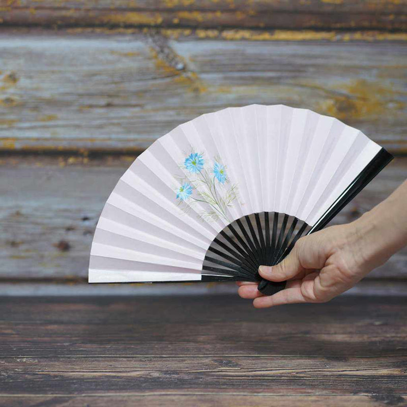 [แฟนมือ] ภาพวาดภาพผู้หญิงดอกไม้สีฟ้าพีชสีดำสีดำ | Fankindo Fukatsu Hand Fan | เอโดะพับพัดลม