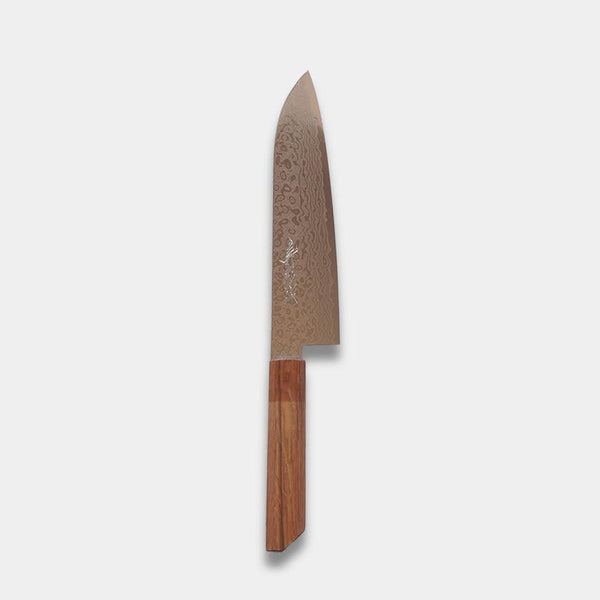 [KITCHEN (CHEF) KNIFE] HIGH CARBON STAINLESS STEEL INTERCUTTING POLISHED DAMASCUS SANTOKU KNIFE 180MM OAK OCTAGONAL PATTERN-KAKISHIBU FINISH- | SAKAI FORGED BLADES|YAMAWAKI CUTLERY