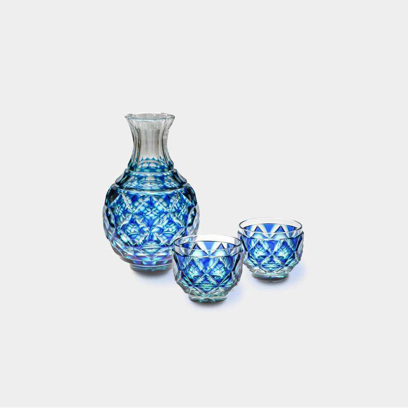 [ขวดสาเก] Tokkuri และ Ochoko 2 ชิ้น (Green-Lapis Lazuli) ในกล่อง Paulownia | แก้ว satsuma ตัด