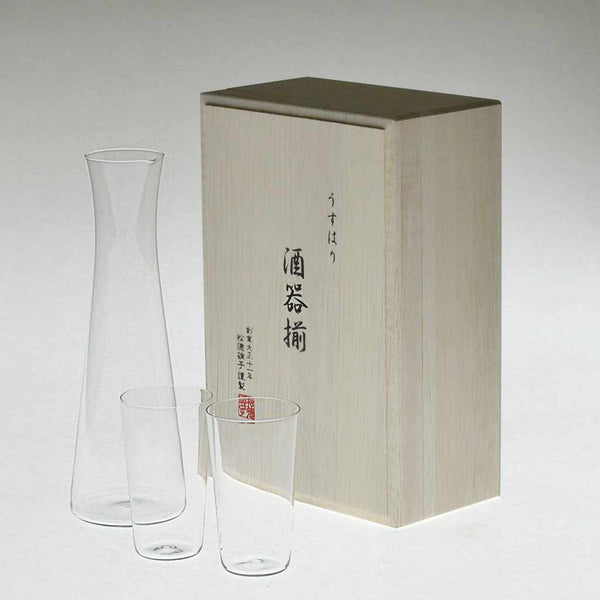 [玻璃]薄清酒套裝3件套裝在木箱中| Edo玻璃