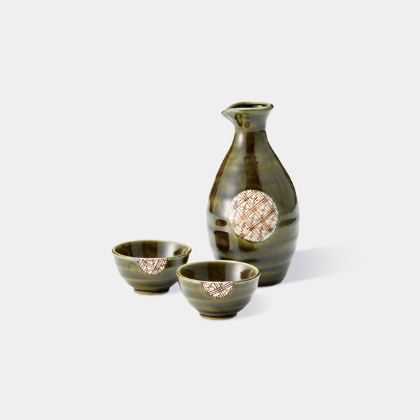 [Sake Bottle & Cup Set] รูปแบบลายสก๊อต (3 ชิ้น) | Mino Wares | Marumo Takagi